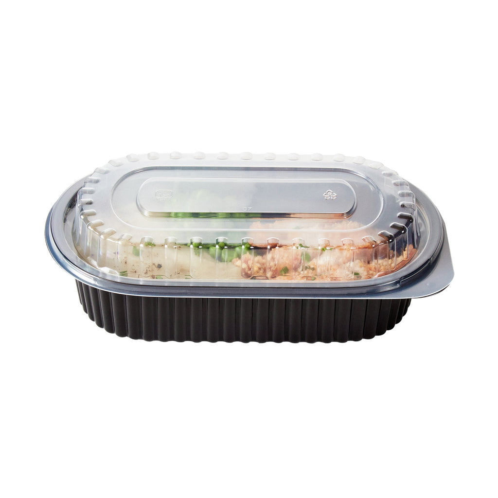 Chef 101 32 oz Oval Black Plastic Food Container - with Clear Dome Lid, Microwavable - 9 1/4" x 6" x 2 1/2" - 100 count box