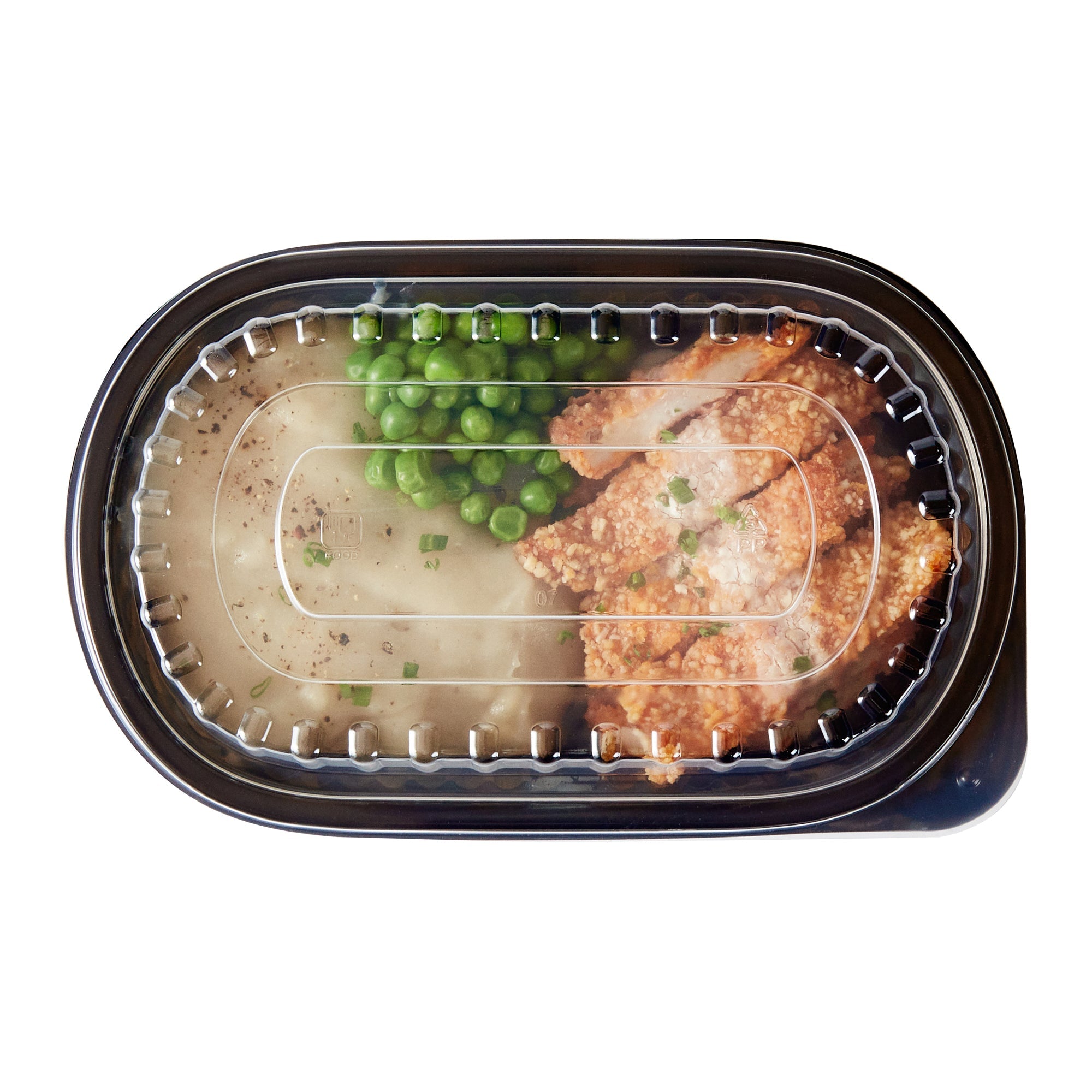 Chef 101 32 oz Oval Black Plastic Food Container - with Clear Dome Lid, Microwavable - 9 1/4" x 6" x 2 1/2" - 100 count box