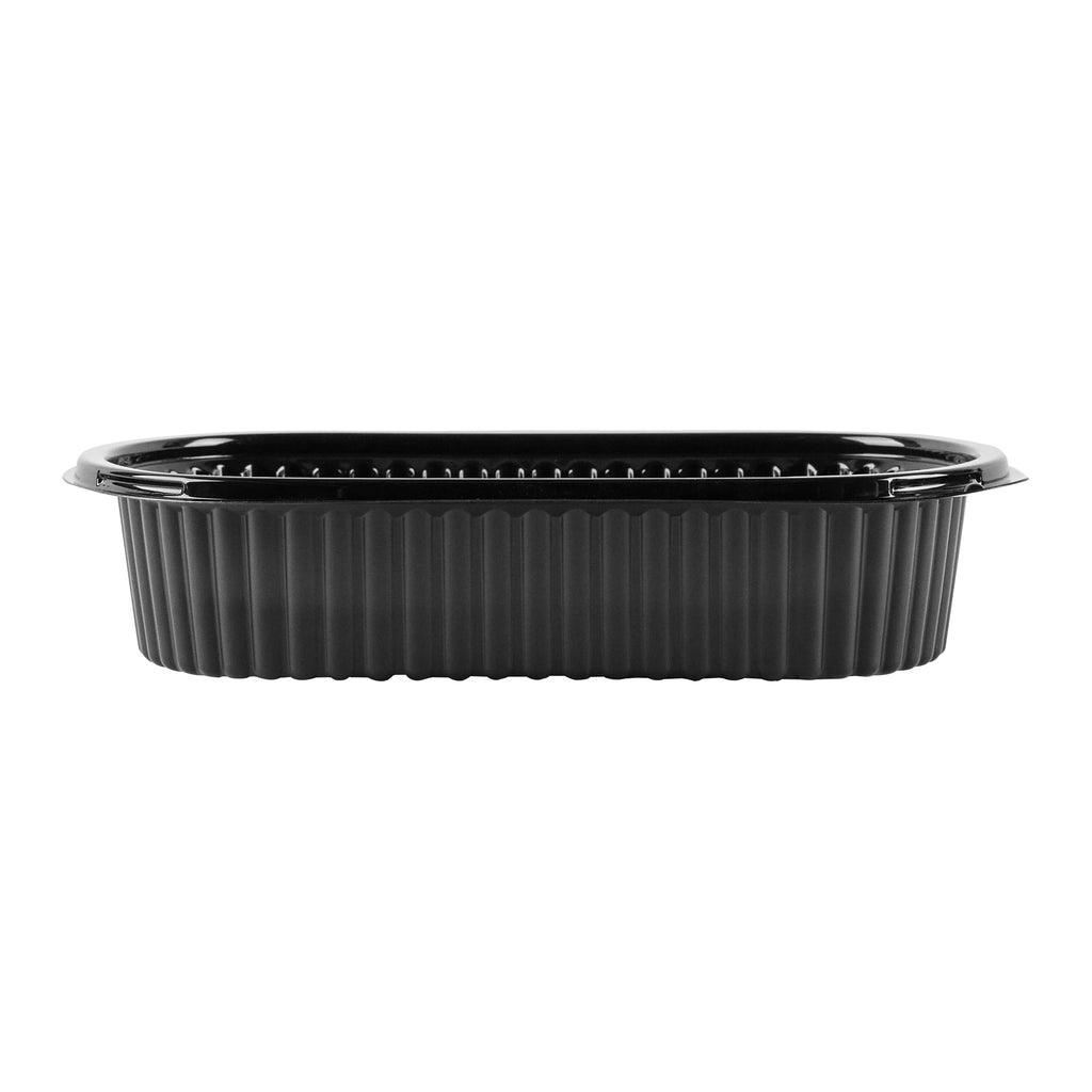 Chef 101 32 oz Oval Black Plastic Food Container - with Clear Dome Lid, Microwavable - 9 1/4" x 6" x 2 1/2" - 100 count box