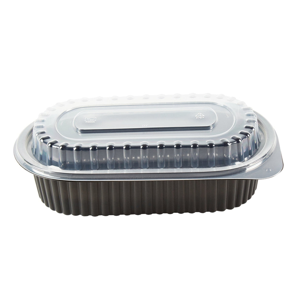 Chef 101 32 oz Oval Black Plastic Food Container - with Clear Dome Lid, Microwavable - 9 1/4" x 6" x 2 1/2" - 100 count box