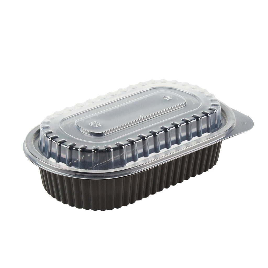 Chef 101 32 oz Oval Black Plastic Food Container - with Clear Dome Lid, Microwavable - 9 1/4" x 6" x 2 1/2" - 100 count box