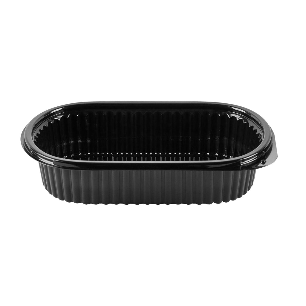 Chef 101 32 oz Oval Black Plastic Food Container - with Clear Dome Lid, Microwavable - 9 1/4" x 6" x 2 1/2" - 100 count box