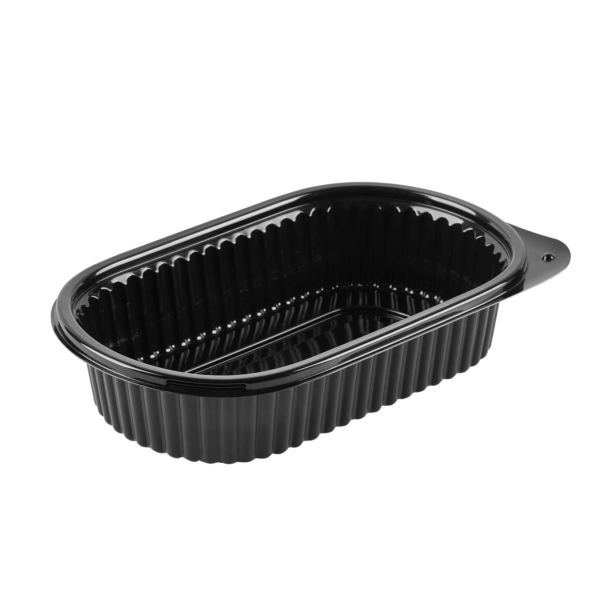 Chef 101 32 oz Oval Black Plastic Food Container - with Clear Dome Lid, Microwavable - 9 1/4" x 6" x 2 1/2" - 100 count box