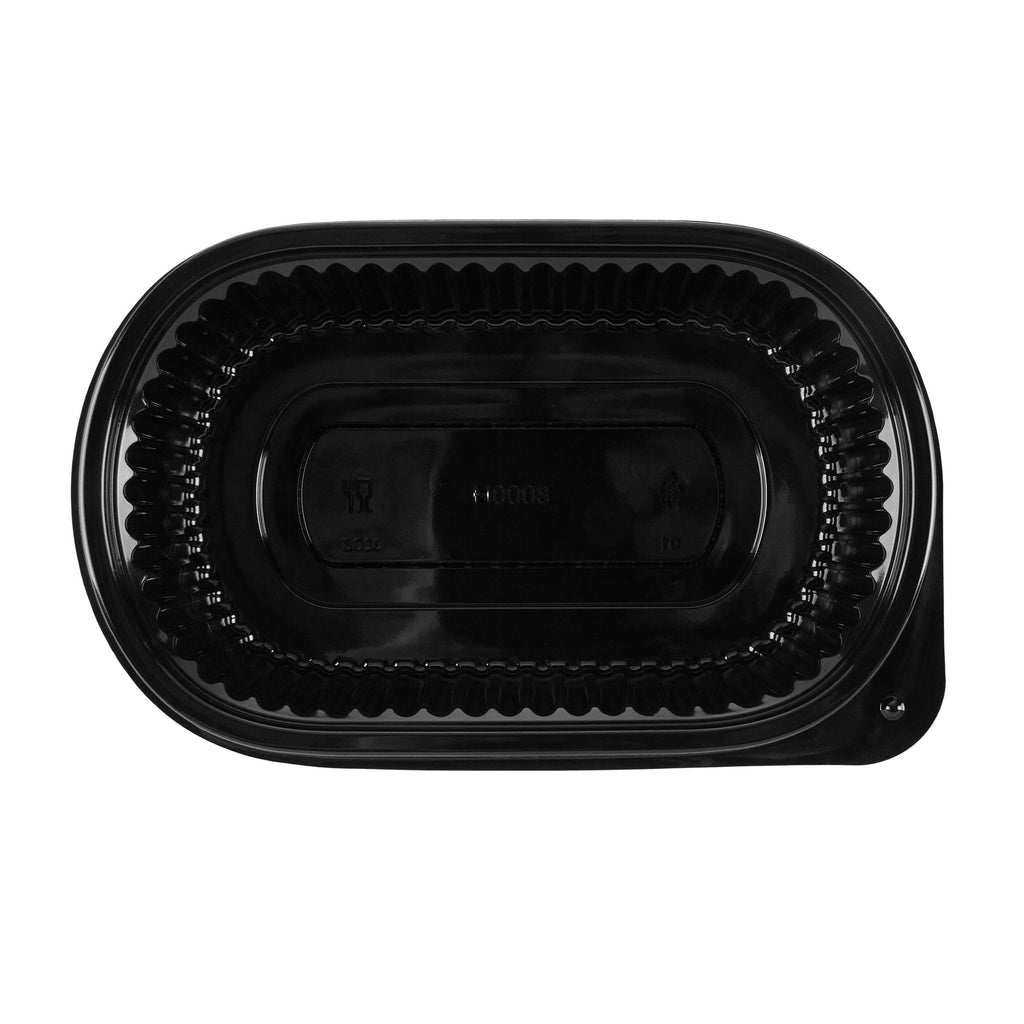 Chef 101 32 oz Oval Black Plastic Food Container - with Clear Dome Lid, Microwavable - 9 1/4" x 6" x 2 1/2" - 100 count box