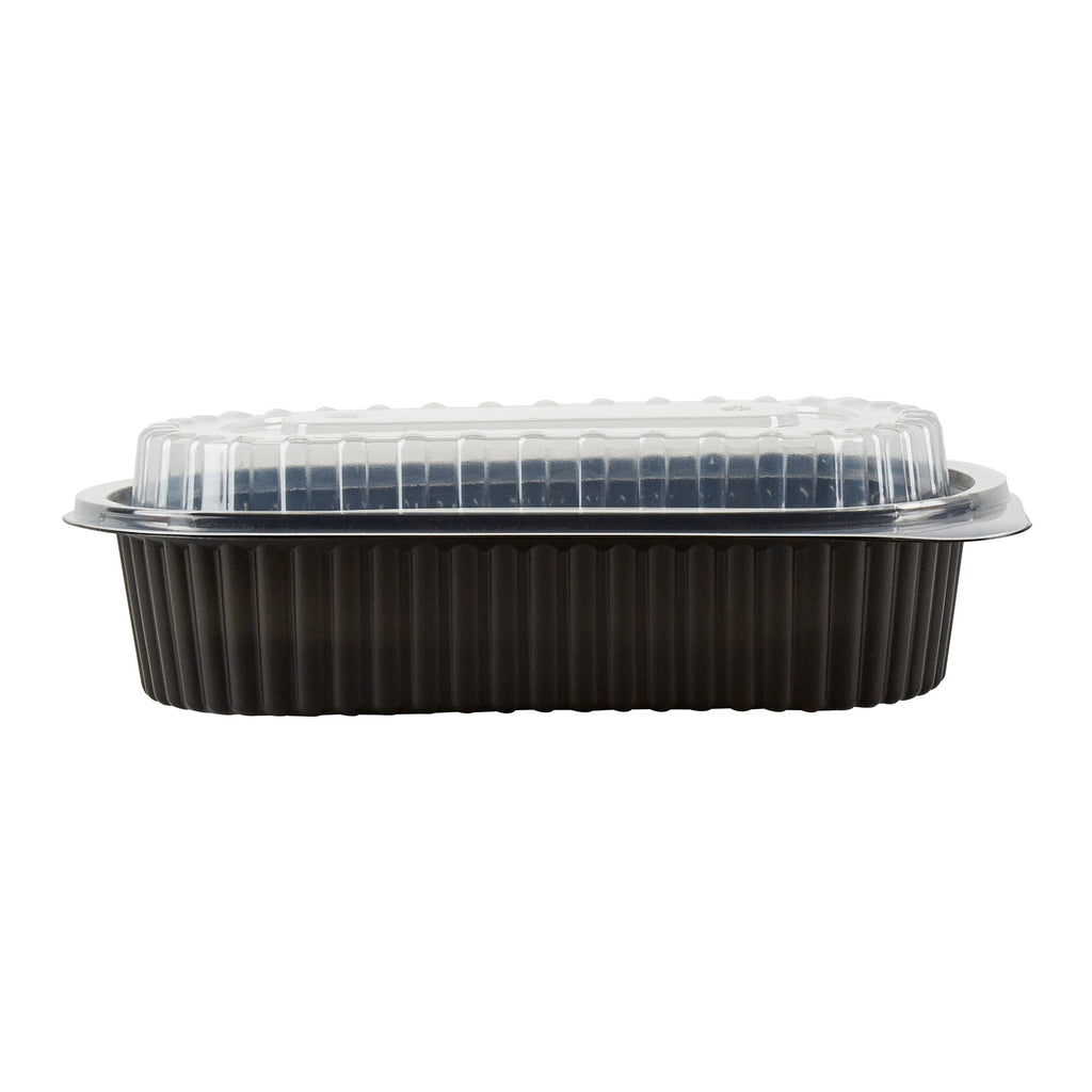 Chef 101 32 oz Oval Black Plastic Food Container - with Clear Dome Lid, Microwavable - 9 1/4" x 6" x 2 1/2" - 100 count box