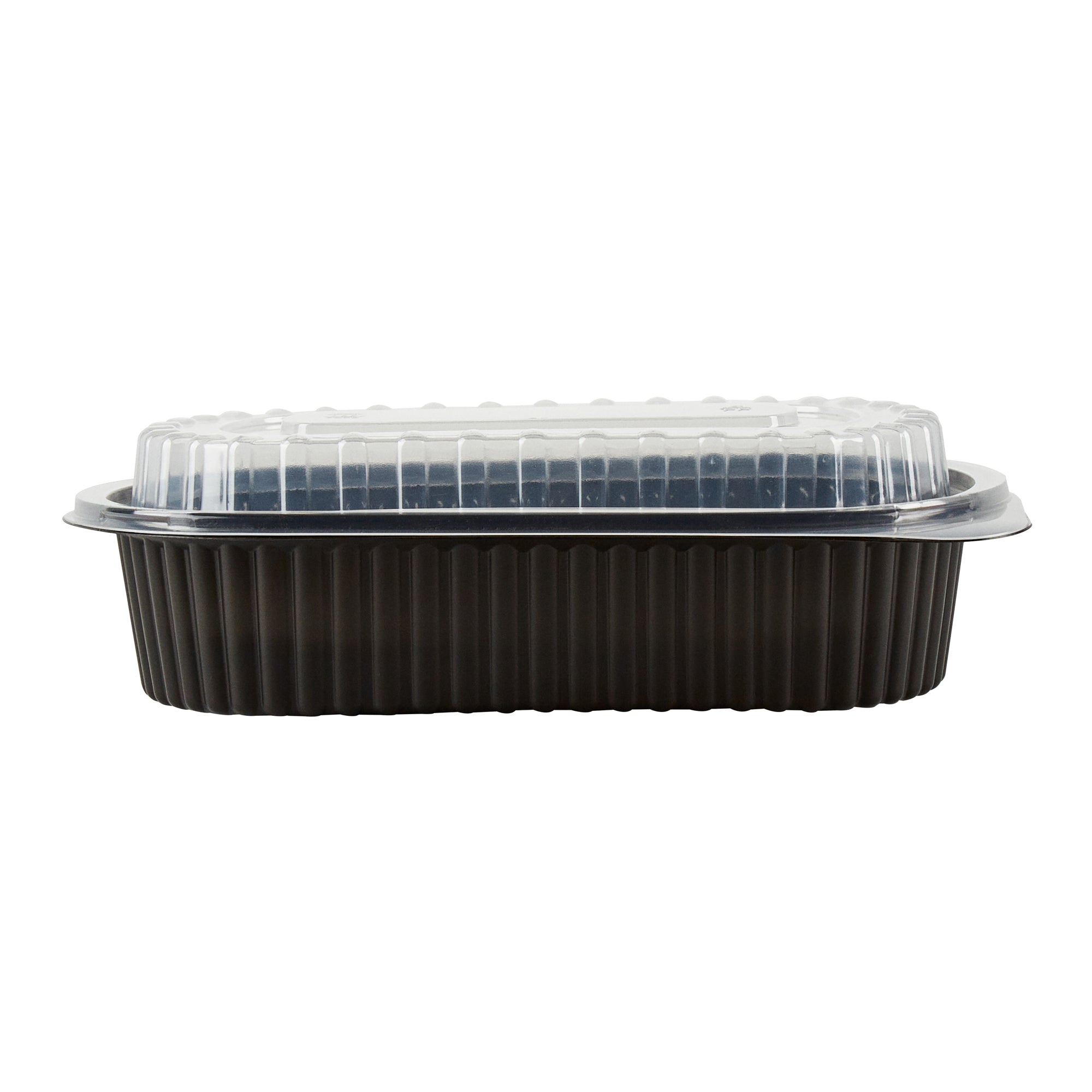 Chef 101 32 oz Oval Black Plastic Food Container - with Clear Dome Lid, Microwavable - 9 1/4" x 6" x 2 1/2" - 100 count box
