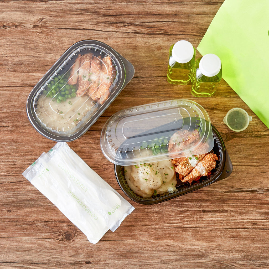 Chef 101 32 oz Oval Black Plastic Food Container - with Clear Dome Lid, Microwavable - 9 1/4" x 6" x 2 1/2" - 100 count box