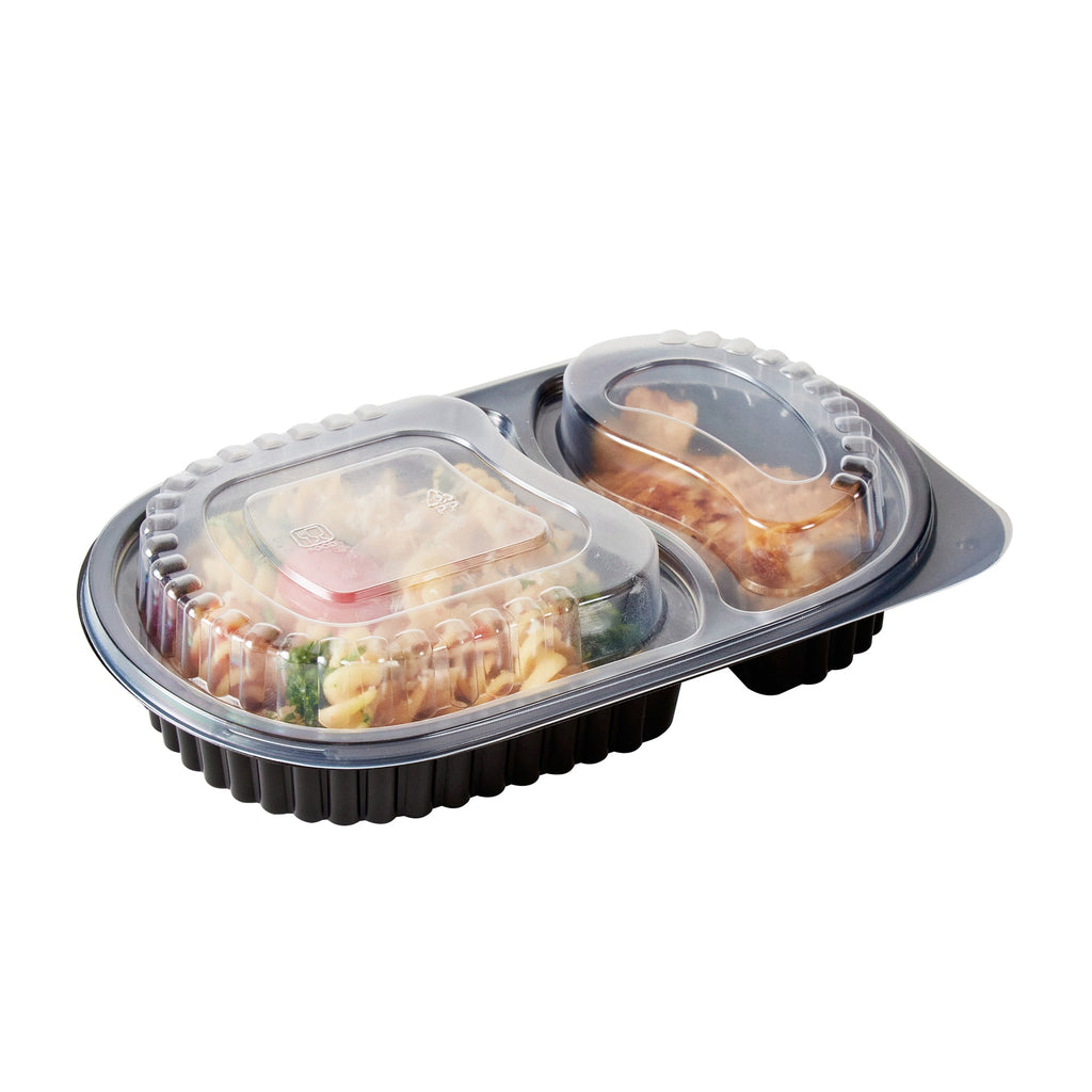 Chef 101 20 oz Oval Black Plastic Food Container - with Clear Dome Lid, Microwavable - 9 1/4" x 6" x 2 1/4" - 50 count box