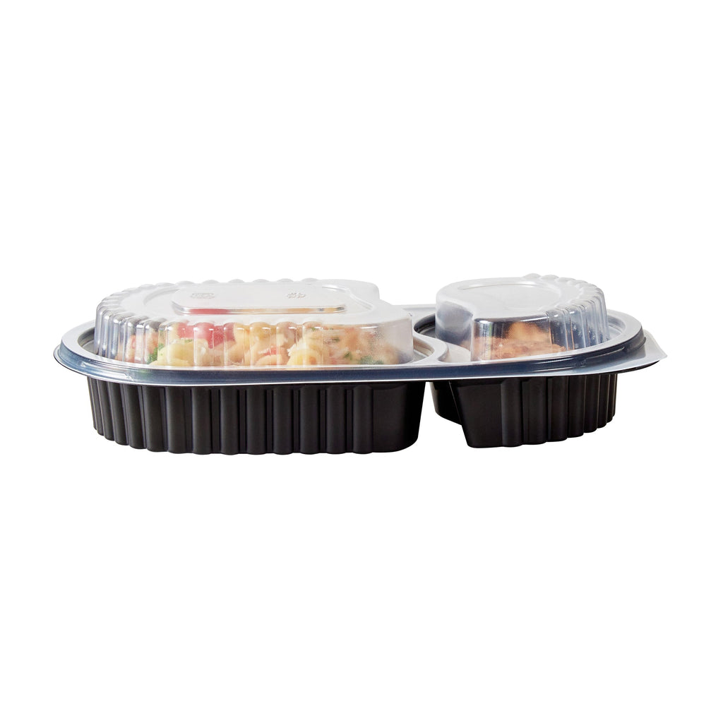 Chef 101 20 oz Oval Black Plastic Food Container - with Clear Dome Lid, Microwavable - 9 1/4" x 6" x 2 1/4" - 50 count box