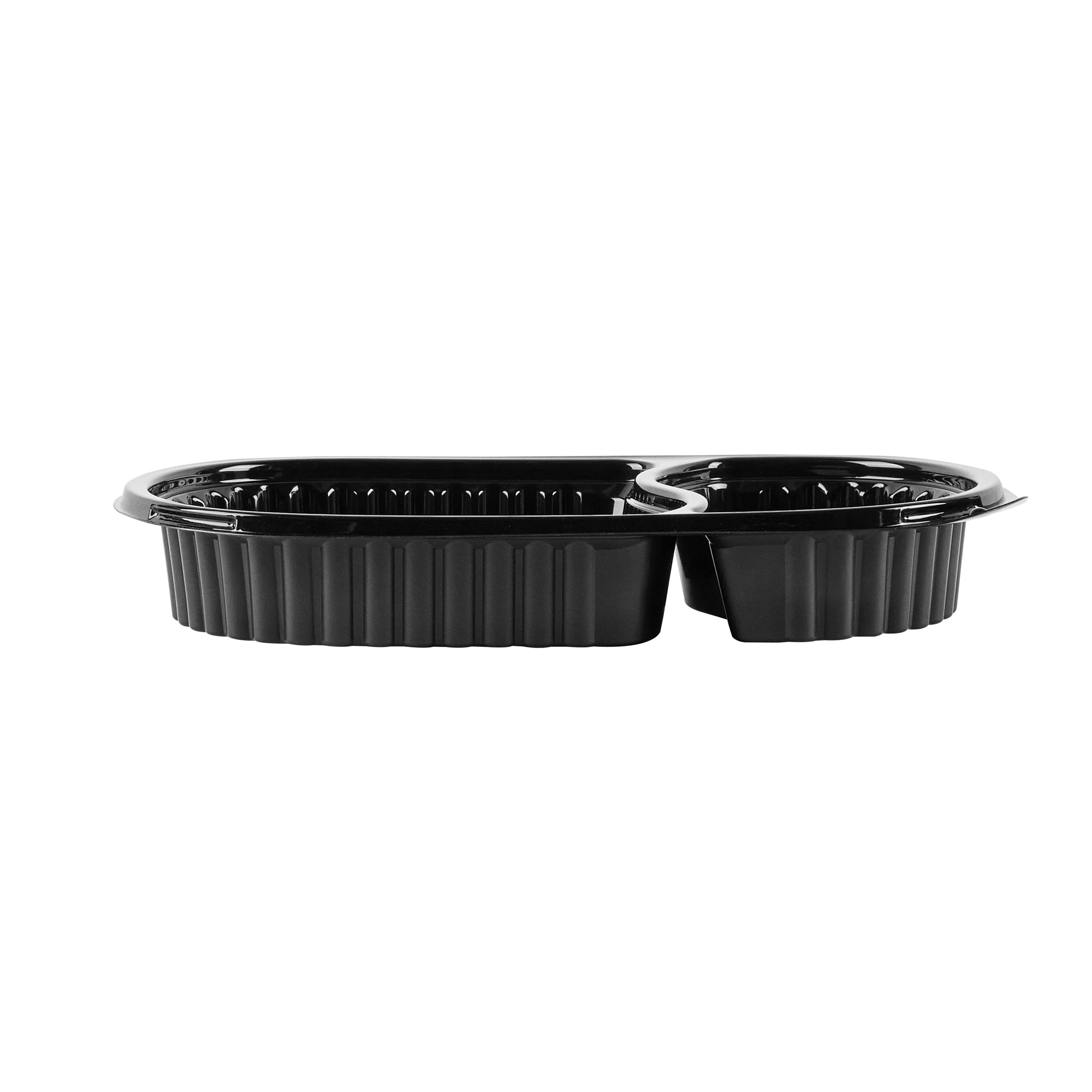 Chef 101 20 oz Oval Black Plastic Food Container - with Clear Dome Lid, Microwavable - 9 1/4" x 6" x 2 1/4" - 50 count box