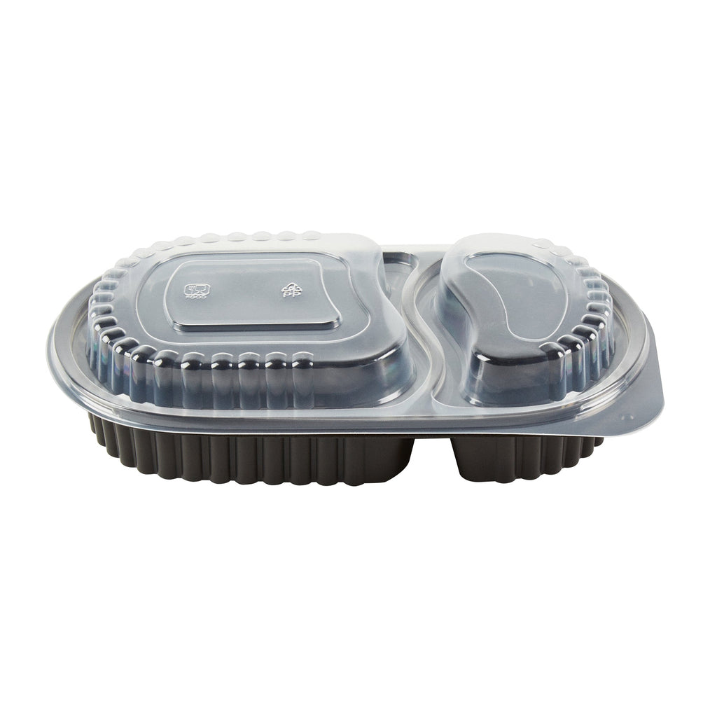 Chef 101 20 oz Oval Black Plastic Food Container - with Clear Dome Lid, Microwavable - 9 1/4" x 6" x 2 1/4" - 50 count box