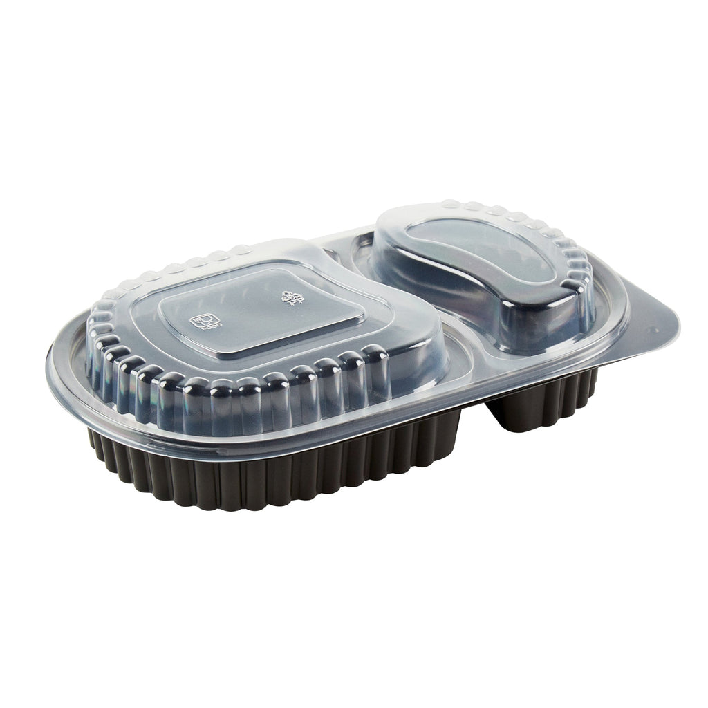 Chef 101 20 oz Oval Black Plastic Food Container - with Clear Dome Lid, Microwavable - 9 1/4" x 6" x 2 1/4" - 50 count box