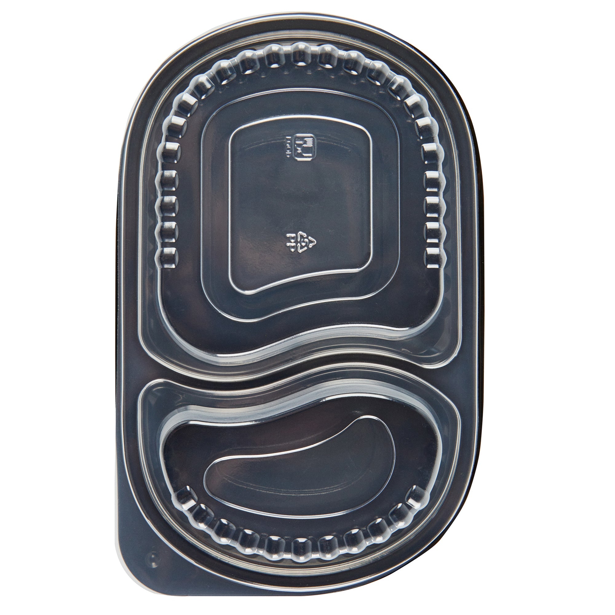 Chef 101 20 oz Oval Black Plastic Food Container - with Clear Dome Lid, Microwavable - 9 1/4" x 6" x 2 1/4" - 50 count box