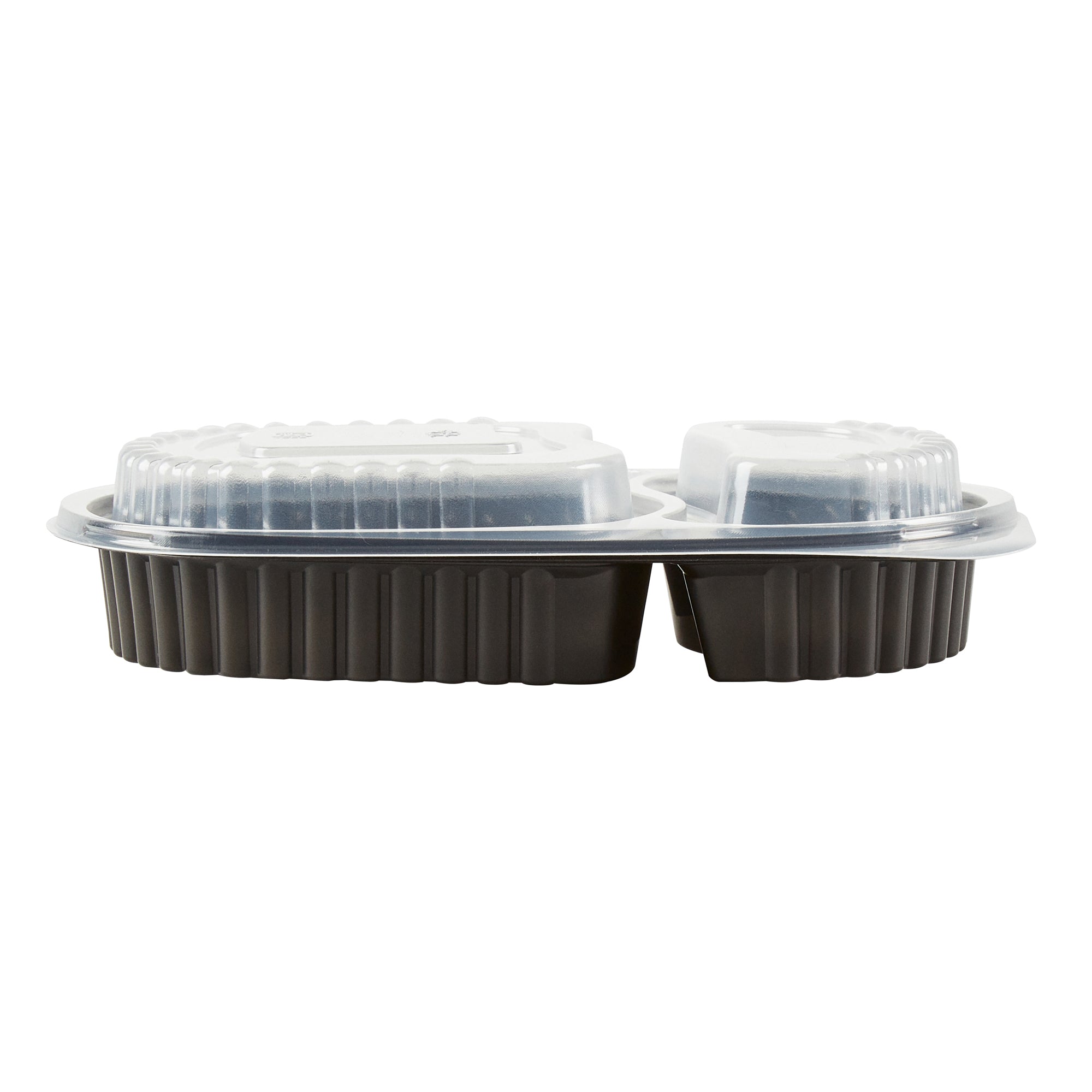 Chef 101 20 oz Oval Black Plastic Food Container - with Clear Dome Lid, Microwavable - 9 1/4" x 6" x 2 1/4" - 50 count box