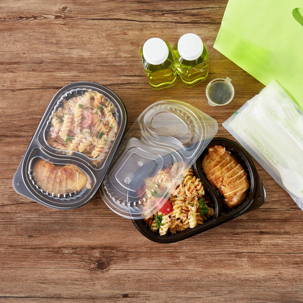 Chef 101 20 oz Oval Black Plastic Food Container - with Clear Dome Lid, Microwavable - 9 1/4" x 6" x 2 1/4" - 50 count box