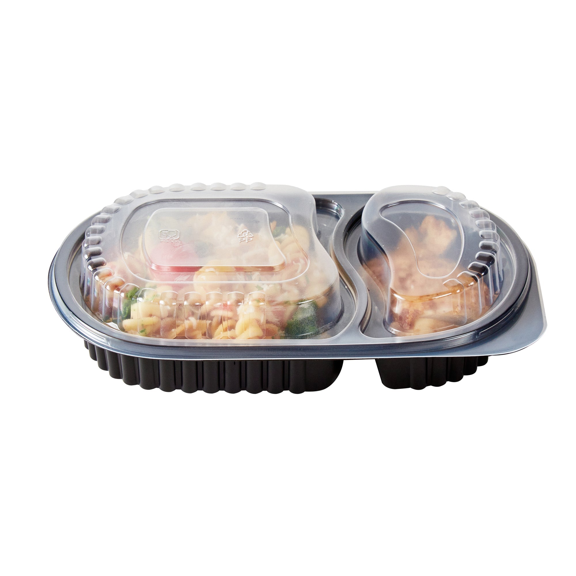 Chef 101 20 oz Oval Black Plastic Food Container - with Clear Dome Lid, Microwavable - 9 1/4" x 6" x 2 1/4" - 100 count box
