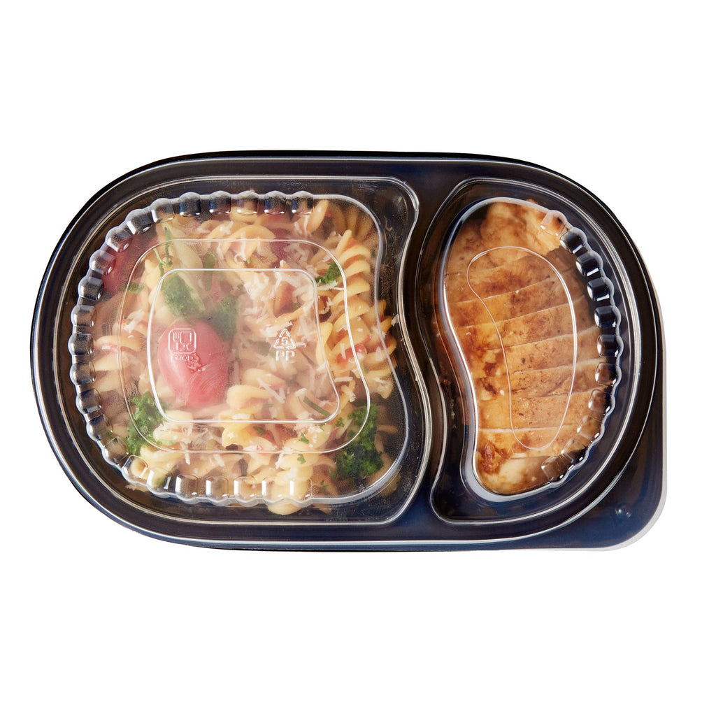 Chef 101 20 oz Oval Black Plastic Food Container - with Clear Dome Lid, Microwavable - 9 1/4" x 6" x 2 1/4" - 100 count box