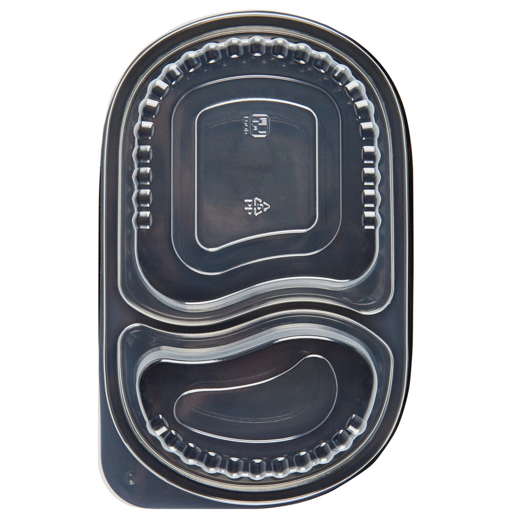 Chef 101 20 oz Oval Black Plastic Food Container - with Clear Dome Lid, Microwavable - 9 1/4" x 6" x 2 1/4" - 100 count box