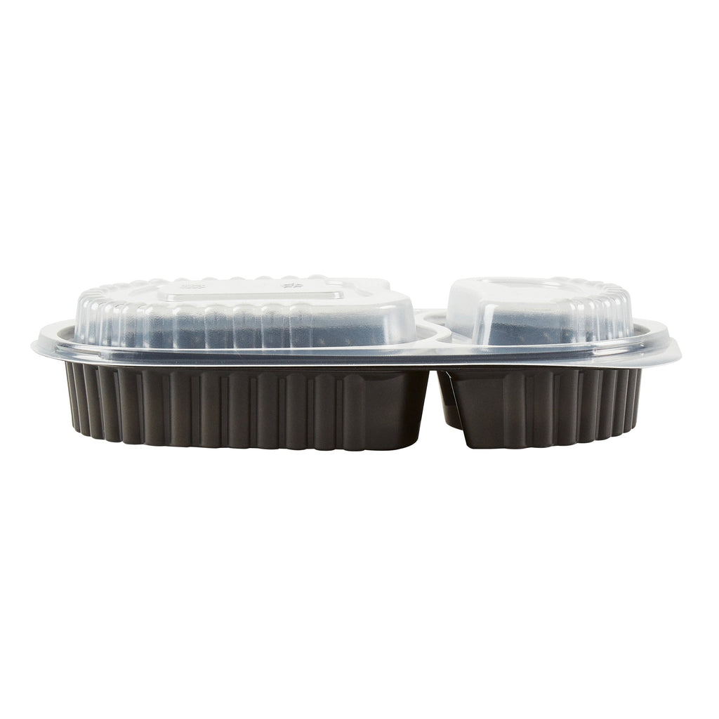 Chef 101 20 oz Oval Black Plastic Food Container - with Clear Dome Lid, Microwavable - 9 1/4" x 6" x 2 1/4" - 100 count box
