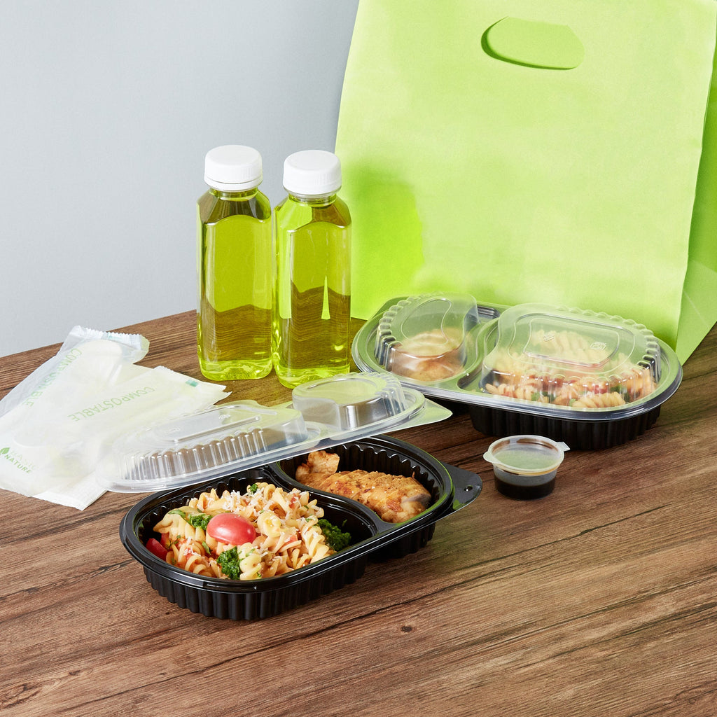 Chef 101 20 oz Oval Black Plastic Food Container - with Clear Dome Lid, Microwavable - 9 1/4" x 6" x 2 1/4" - 100 count box
