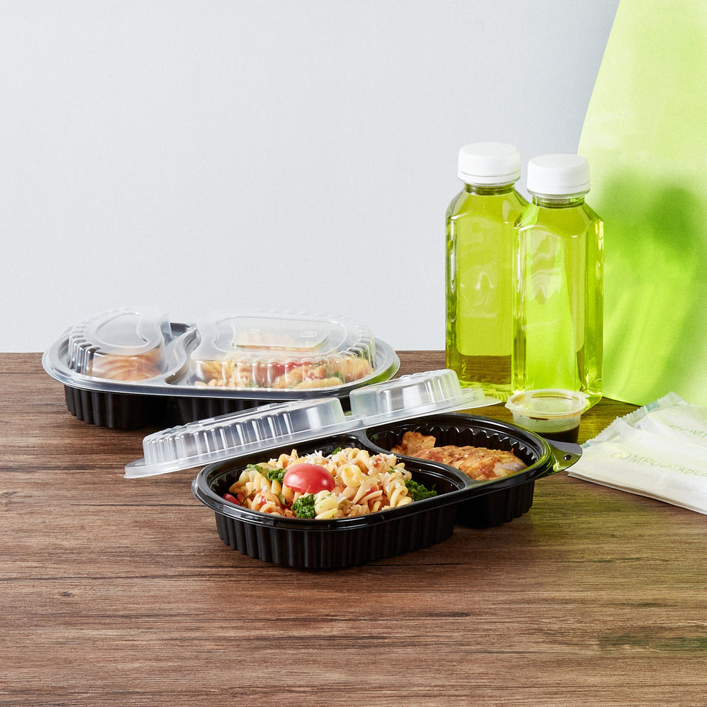 Chef 101 20 oz Oval Black Plastic Food Container - with Clear Dome Lid, Microwavable - 9 1/4" x 6" x 2 1/4" - 100 count box