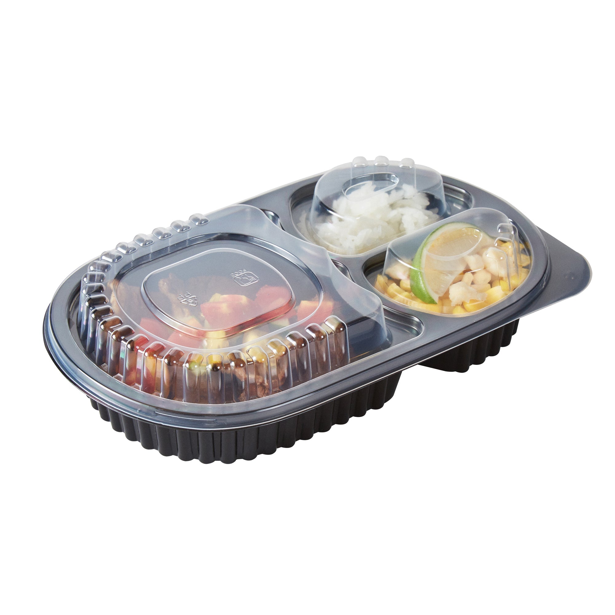 Chef 101 19 oz Oval Black Plastic Food Container - with Clear Lid, 3 Compartments, Microwavable - 9 1/4" x 6" x 2 1/4" - 100 count box
