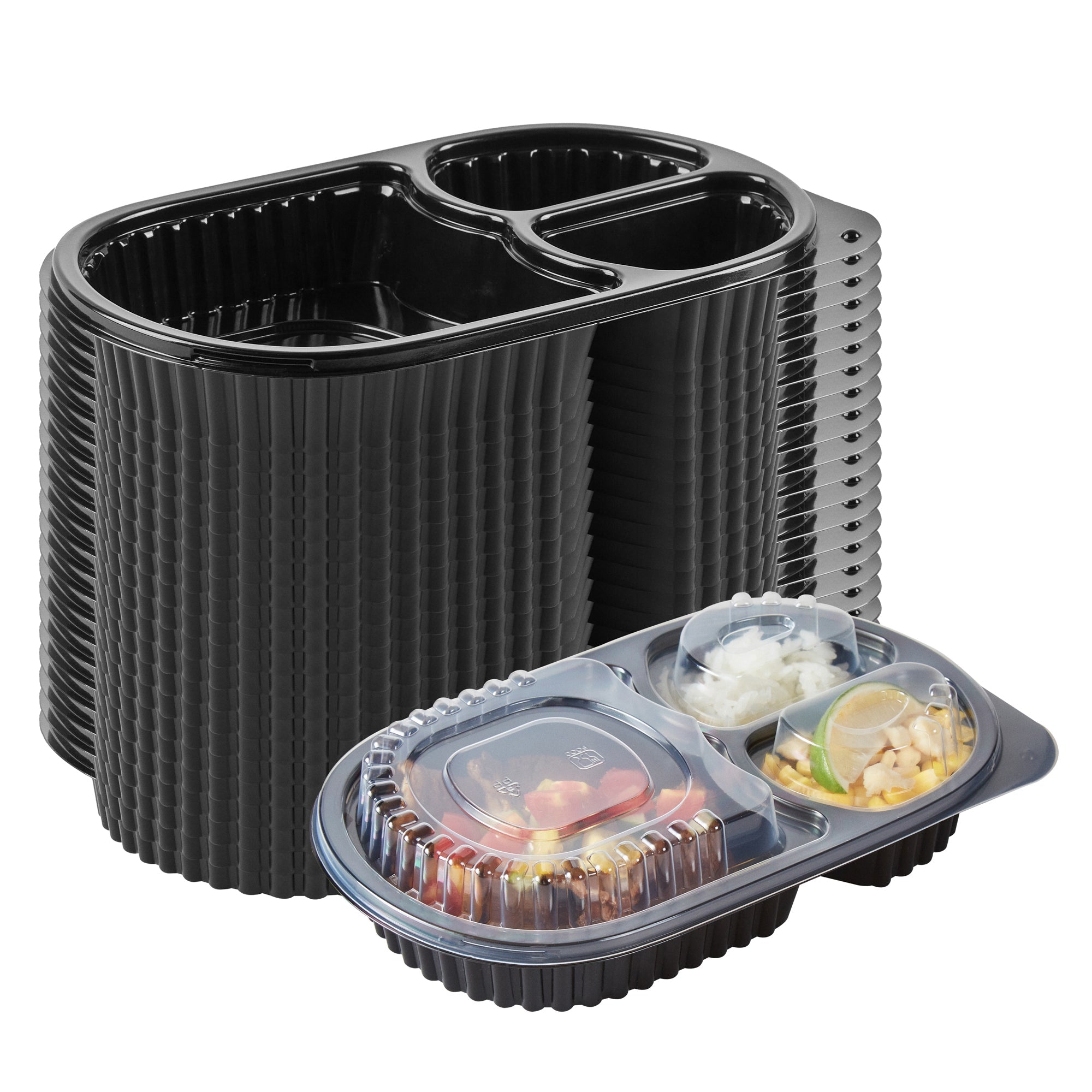 Chef 101 19 oz Oval Black Plastic Food Container - with Clear Lid, 3 Compartments, Microwavable - 9 1/4" x 6" x 2 1/4" - 50 count box