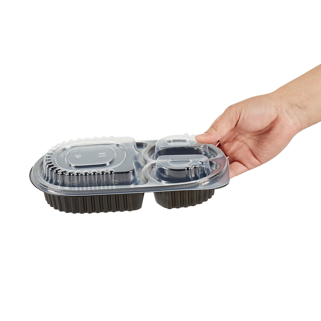 Chef 101 19 oz Oval Black Plastic Food Container - with Clear Lid, 3 Compartments, Microwavable - 9 1/4" x 6" x 2 1/4" - 50 count box