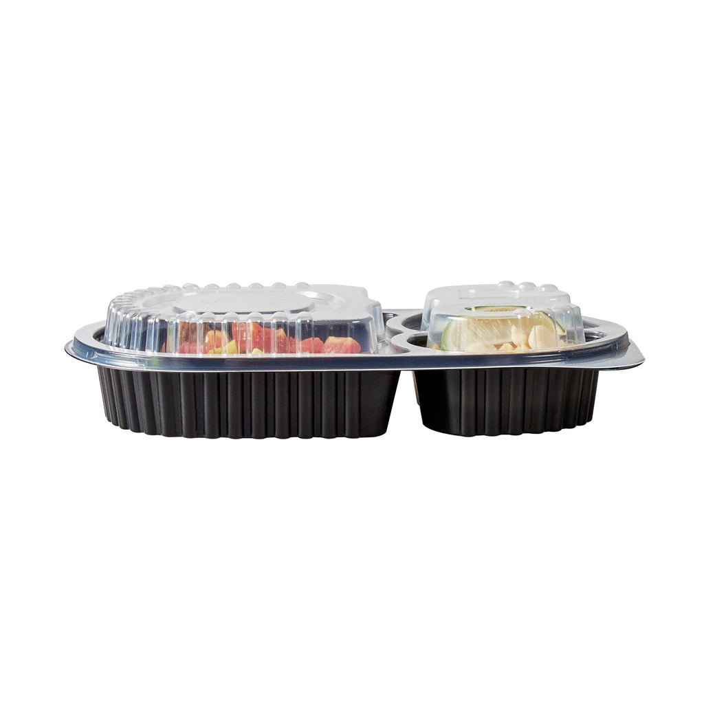 Chef 101 19 oz Oval Black Plastic Food Container - with Clear Lid, 3 Compartments, Microwavable - 9 1/4" x 6" x 2 1/4" - 50 count box
