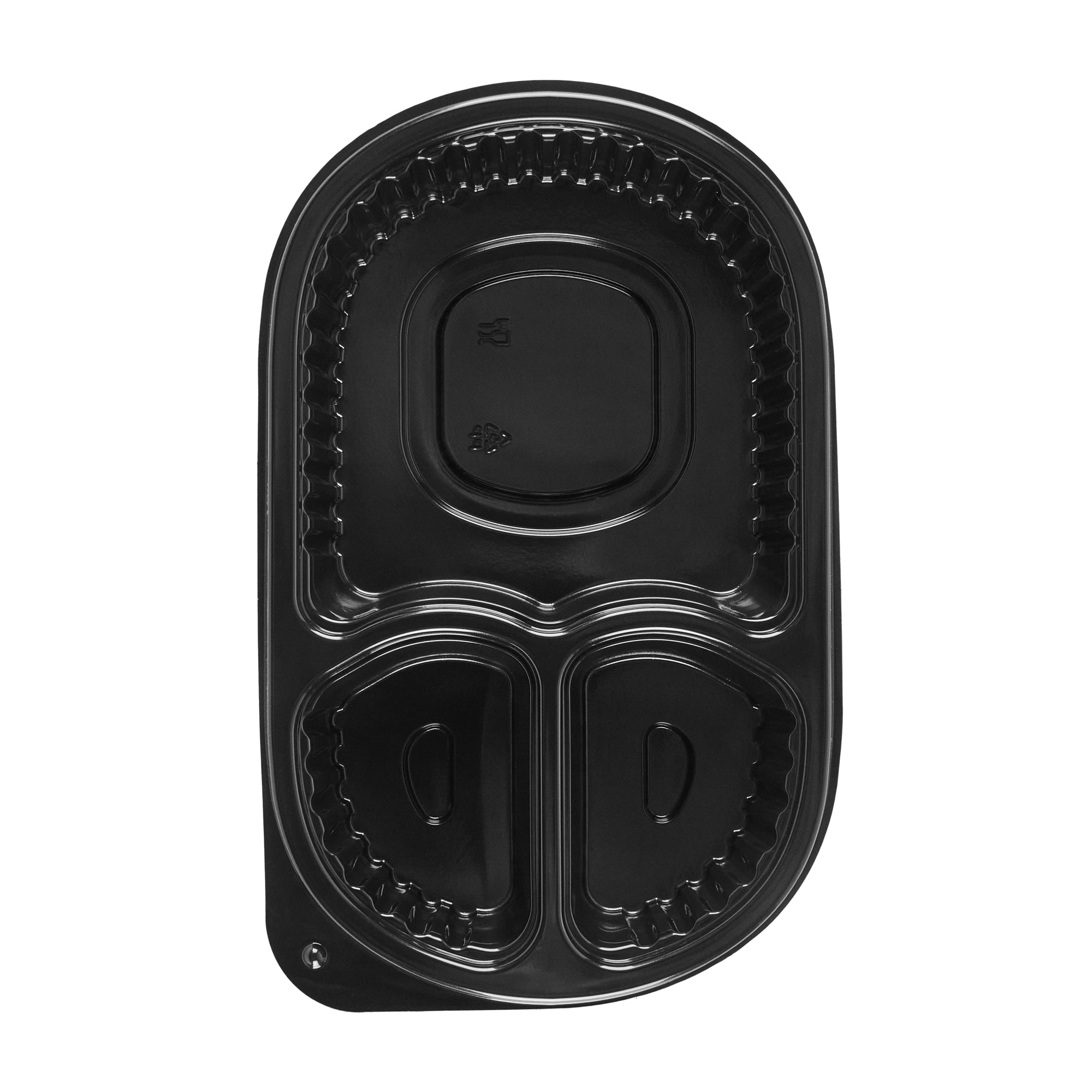 Chef 101 19 oz Oval Black Plastic Food Container - with Clear Lid, 3 Compartments, Microwavable - 9 1/4" x 6" x 2 1/4" - 50 count box