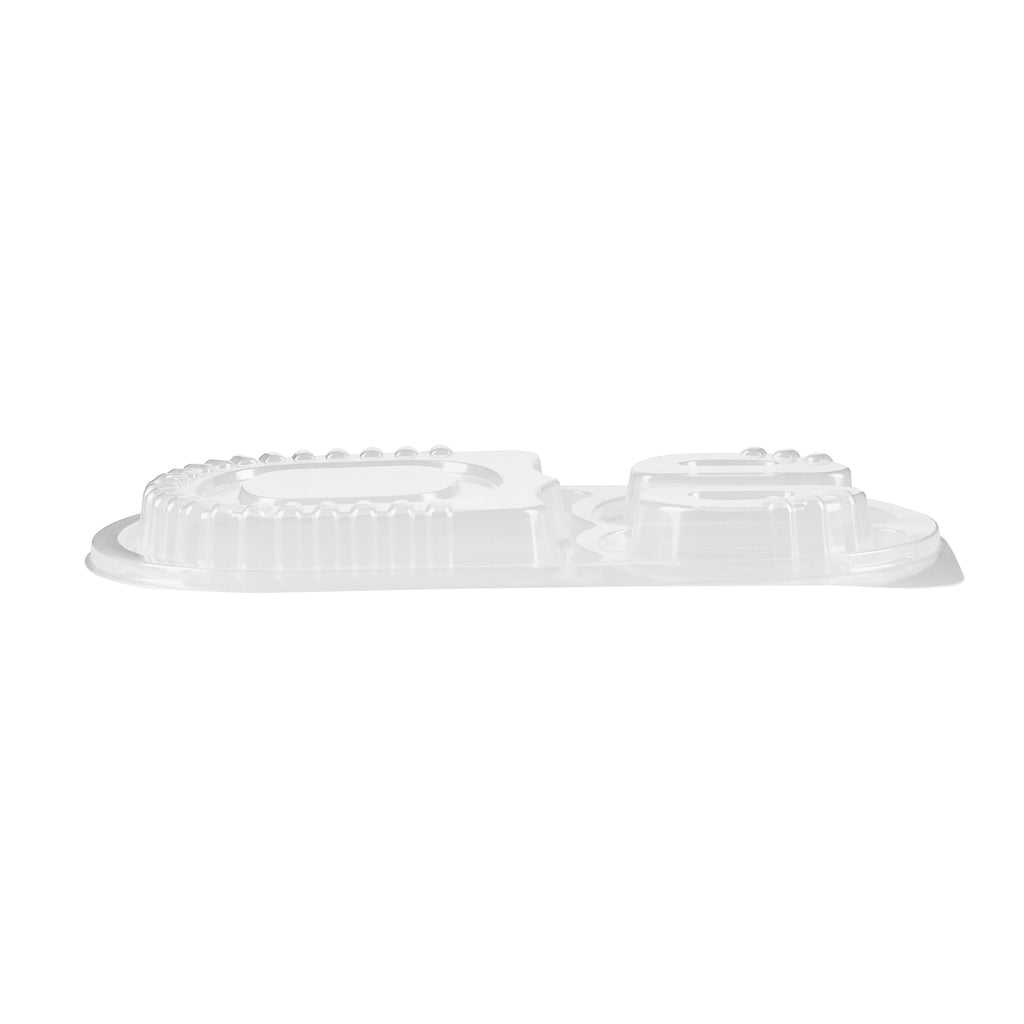 Chef 101 19 oz Oval Black Plastic Food Container - with Clear Lid, 3 Compartments, Microwavable - 9 1/4" x 6" x 2 1/4" - 50 count box