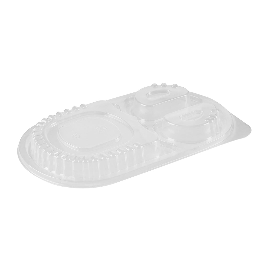 Chef 101 19 oz Oval Black Plastic Food Container - with Clear Lid, 3 Compartments, Microwavable - 9 1/4" x 6" x 2 1/4" - 50 count box