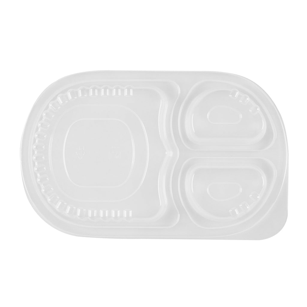 Chef 101 19 oz Oval Black Plastic Food Container - with Clear Lid, 3 Compartments, Microwavable - 9 1/4" x 6" x 2 1/4" - 50 count box