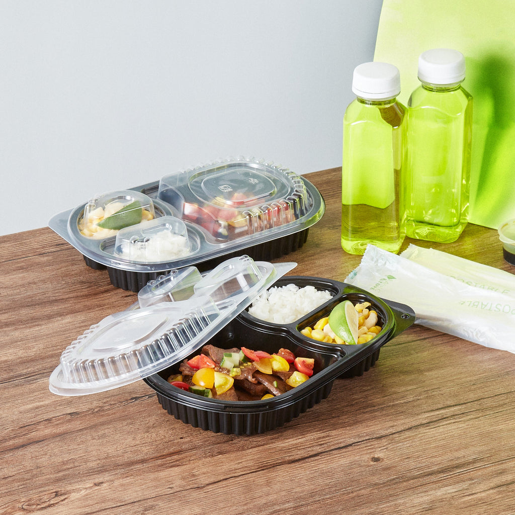 Chef 101 19 oz Oval Black Plastic Food Container - with Clear Lid, 3 Compartments, Microwavable - 9 1/4" x 6" x 2 1/4" - 50 count box