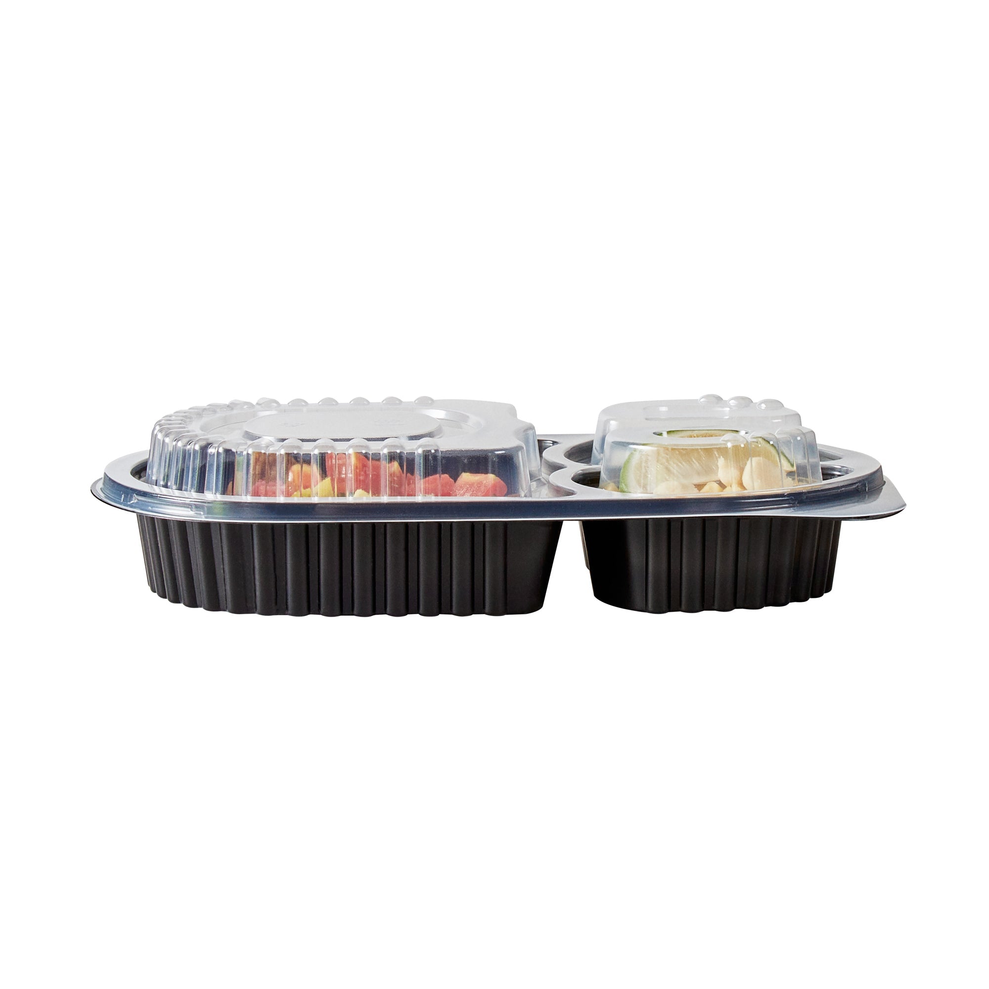 Chef 101 19 oz Oval Black Plastic Food Container - with Clear Lid, 3 Compartments, Microwavable - 9 1/4" x 6" x 2 1/4" - 100 count box