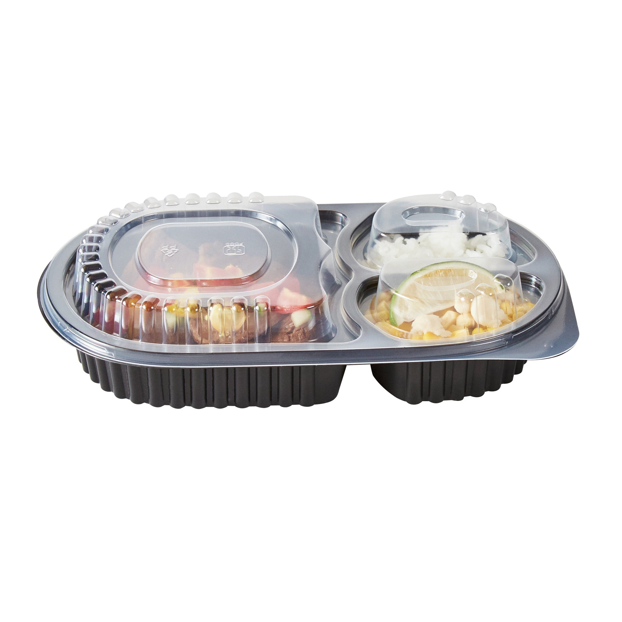 Chef 101 19 oz Oval Black Plastic Food Container - with Clear Lid, 3 Compartments, Microwavable - 9 1/4" x 6" x 2 1/4" - 100 count box