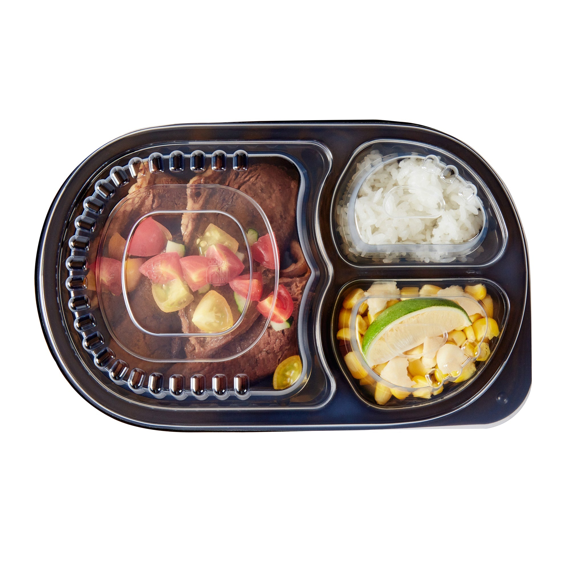Chef 101 19 oz Oval Black Plastic Food Container - with Clear Lid, 3 Compartments, Microwavable - 9 1/4" x 6" x 2 1/4" - 100 count box