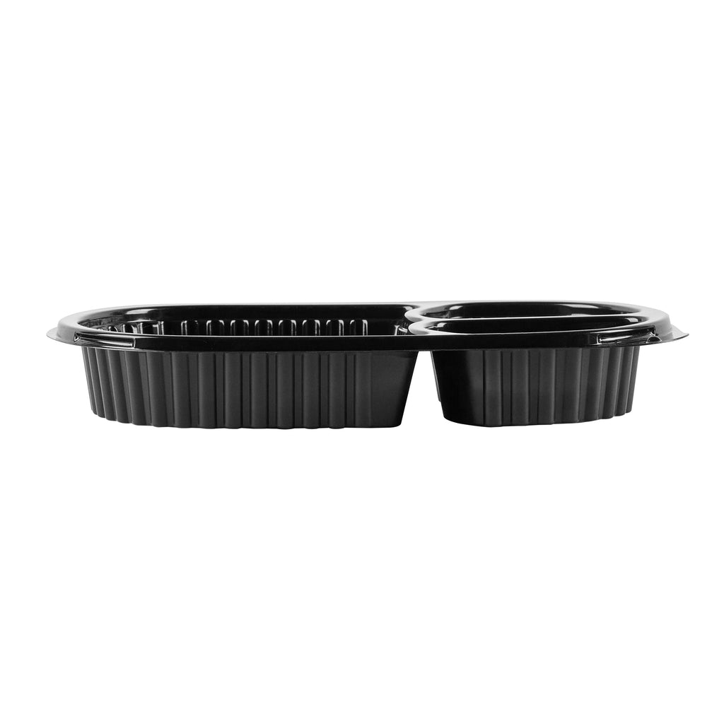 Chef 101 19 oz Oval Black Plastic Food Container - with Clear Lid, 3 Compartments, Microwavable - 9 1/4" x 6" x 2 1/4" - 100 count box