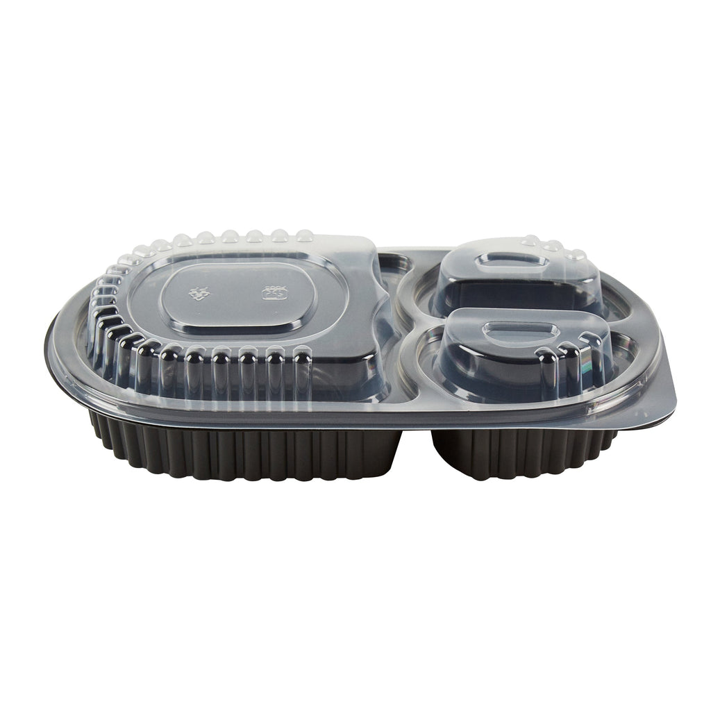 Chef 101 19 oz Oval Black Plastic Food Container - with Clear Lid, 3 Compartments, Microwavable - 9 1/4" x 6" x 2 1/4" - 100 count box