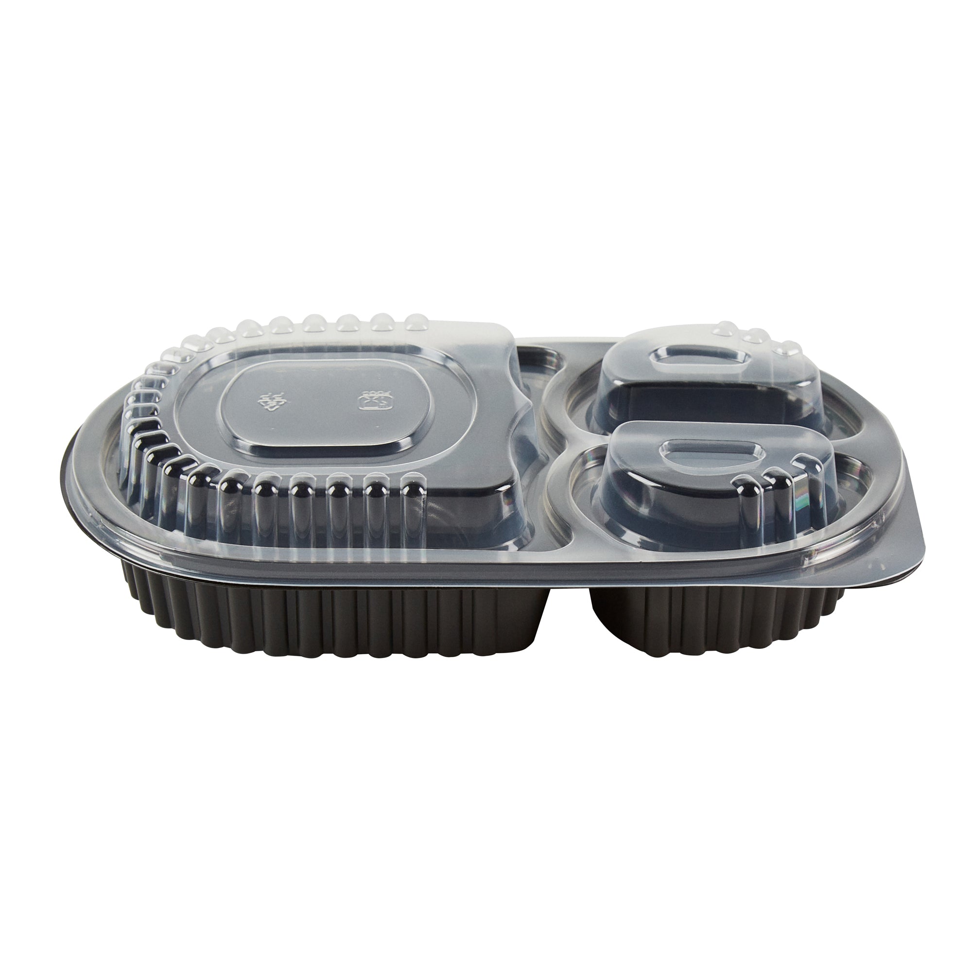 Chef 101 19 oz Oval Black Plastic Food Container - with Clear Lid, 3 Compartments, Microwavable - 9 1/4" x 6" x 2 1/4" - 100 count box