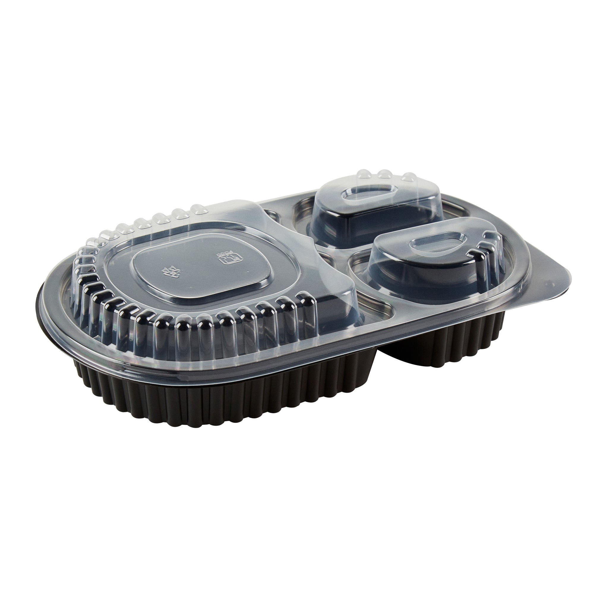 Chef 101 19 oz Oval Black Plastic Food Container - with Clear Lid, 3 Compartments, Microwavable - 9 1/4" x 6" x 2 1/4" - 100 count box