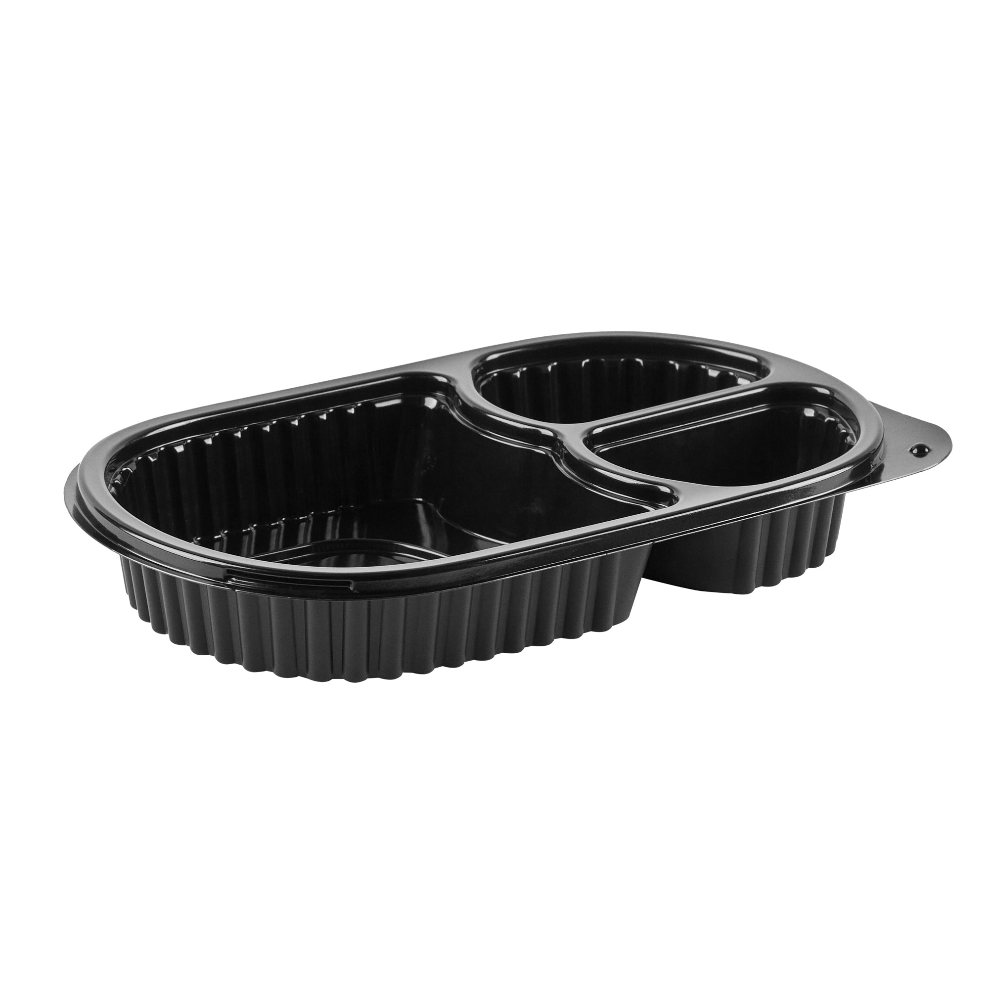 Chef 101 19 oz Oval Black Plastic Food Container - with Clear Lid, 3 Compartments, Microwavable - 9 1/4" x 6" x 2 1/4" - 100 count box