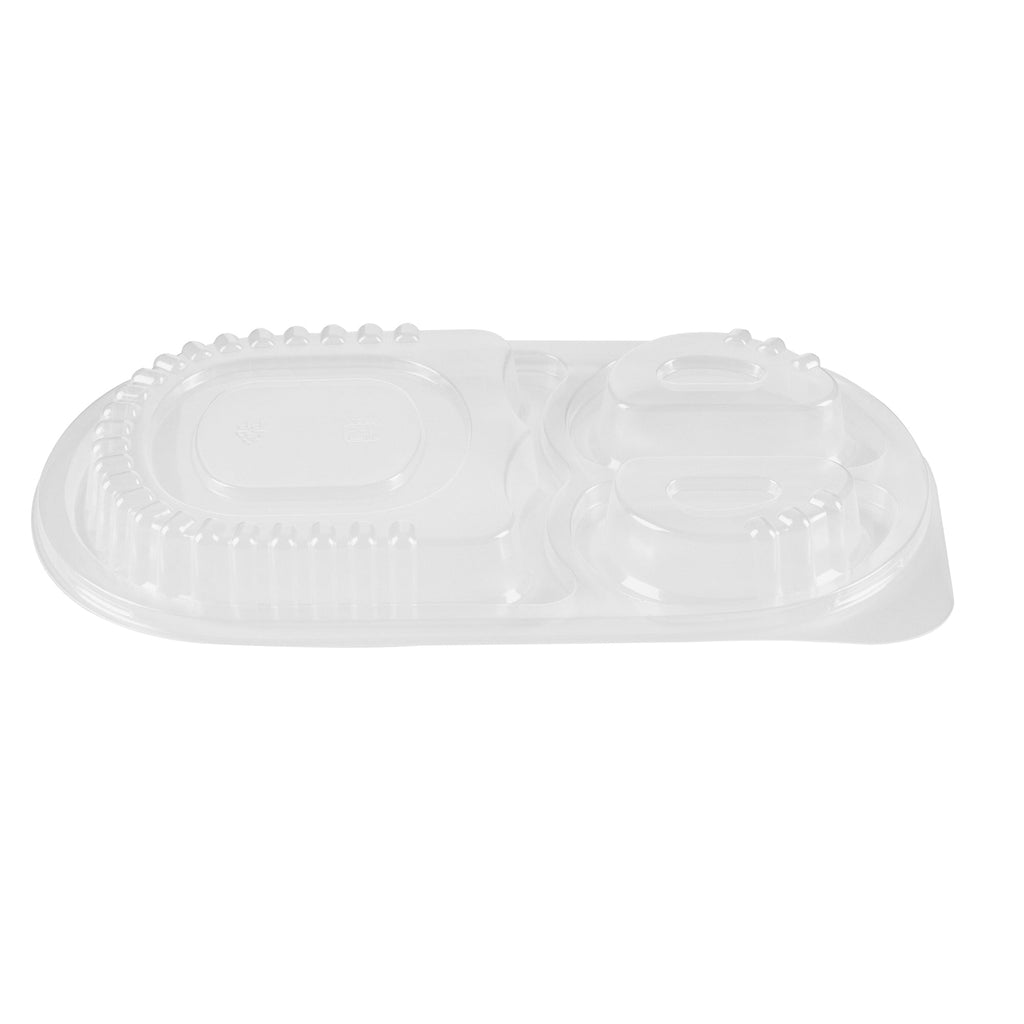 Chef 101 19 oz Oval Black Plastic Food Container - with Clear Lid, 3 Compartments, Microwavable - 9 1/4" x 6" x 2 1/4" - 100 count box
