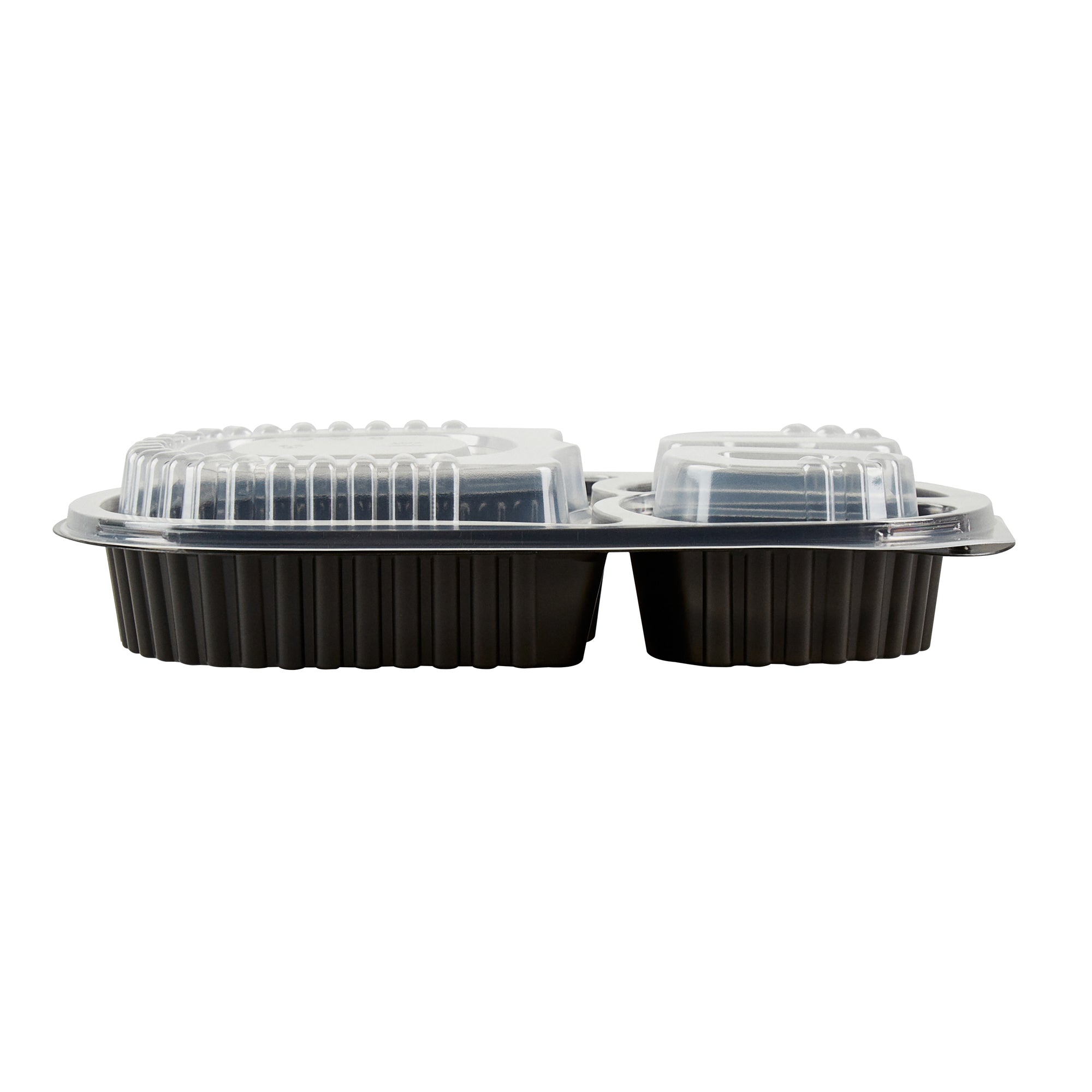 Chef 101 19 oz Oval Black Plastic Food Container - with Clear Lid, 3 Compartments, Microwavable - 9 1/4" x 6" x 2 1/4" - 100 count box