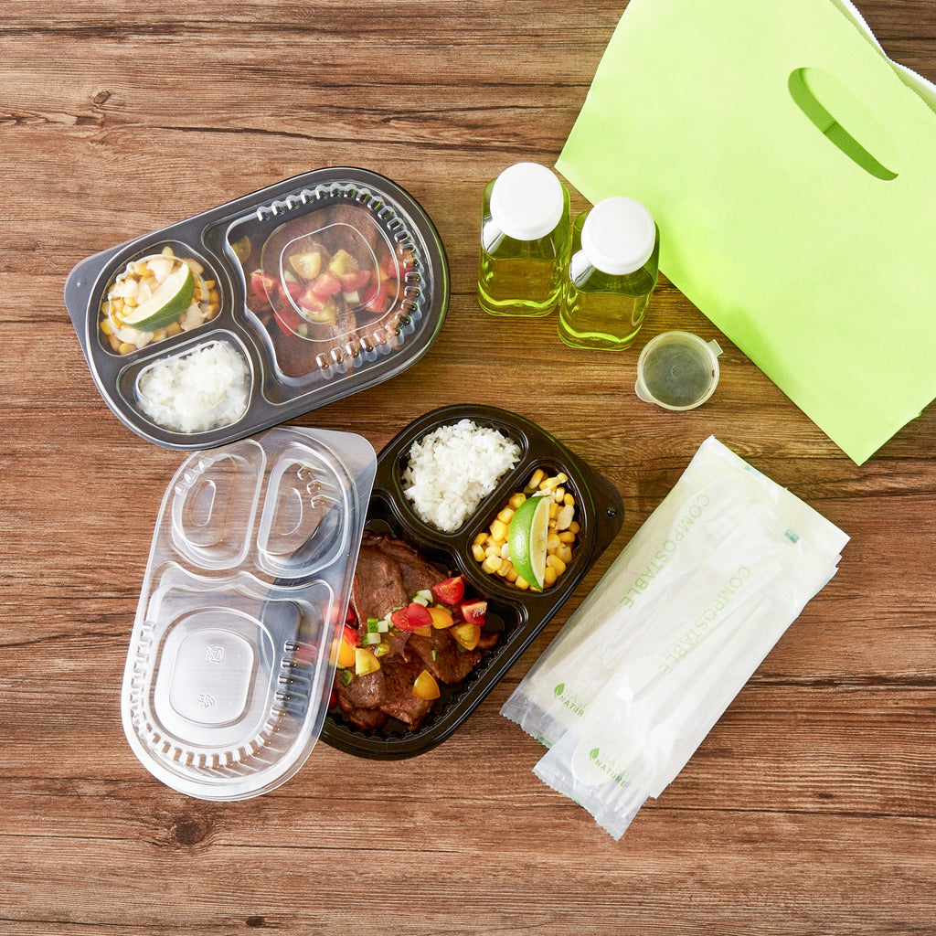 Chef 101 19 oz Oval Black Plastic Food Container - with Clear Lid, 3 Compartments, Microwavable - 9 1/4" x 6" x 2 1/4" - 100 count box