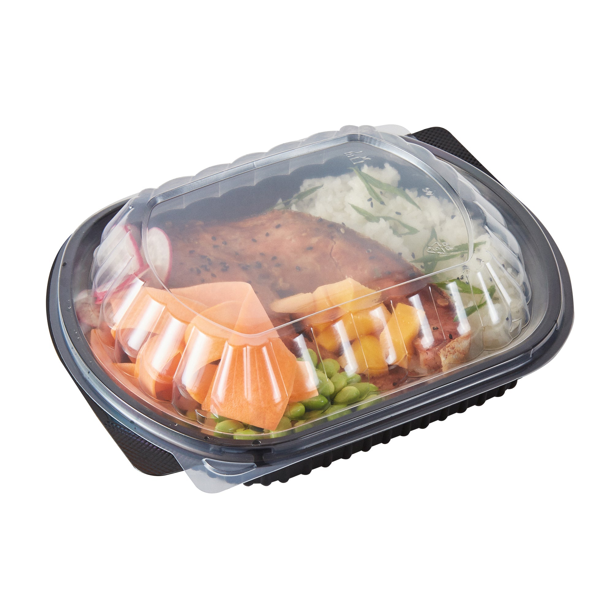 Chef 101 34 oz Oval Black Plastic Food Container - with Clear Lid, Microwavable - 9 1/2" x 8" x 2 3/4" - 50 count box