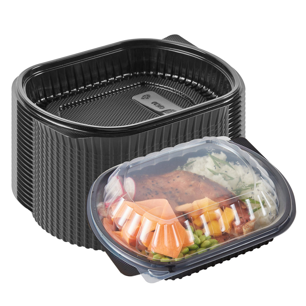 Chef 101 34 oz Oval Black Plastic Food Container - with Clear Lid, Microwavable - 9 1/2" x 8" x 2 3/4" - 50 count box