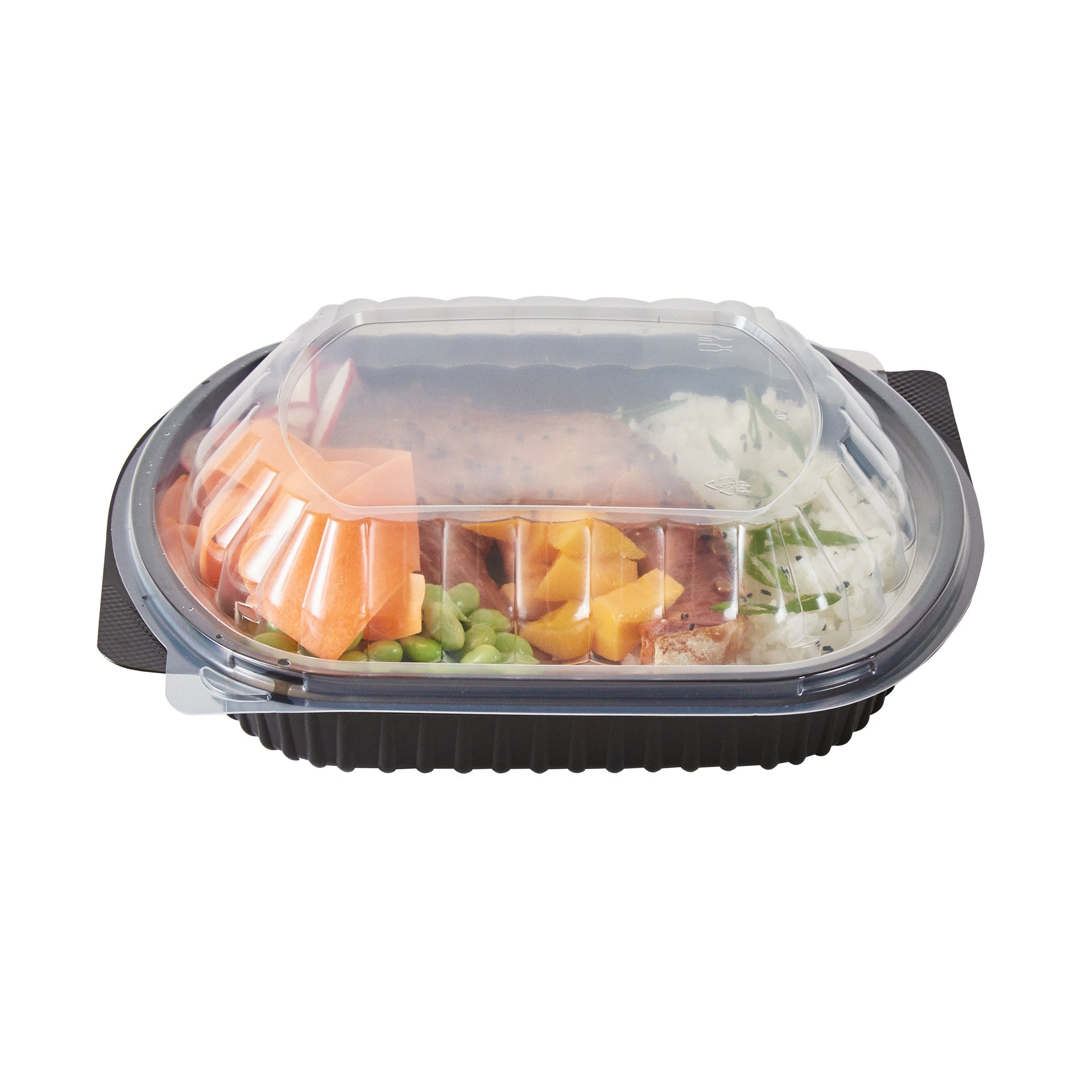 Chef 101 34 oz Oval Black Plastic Food Container - with Clear Lid, Microwavable - 9 1/2" x 8" x 2 3/4" - 50 count box