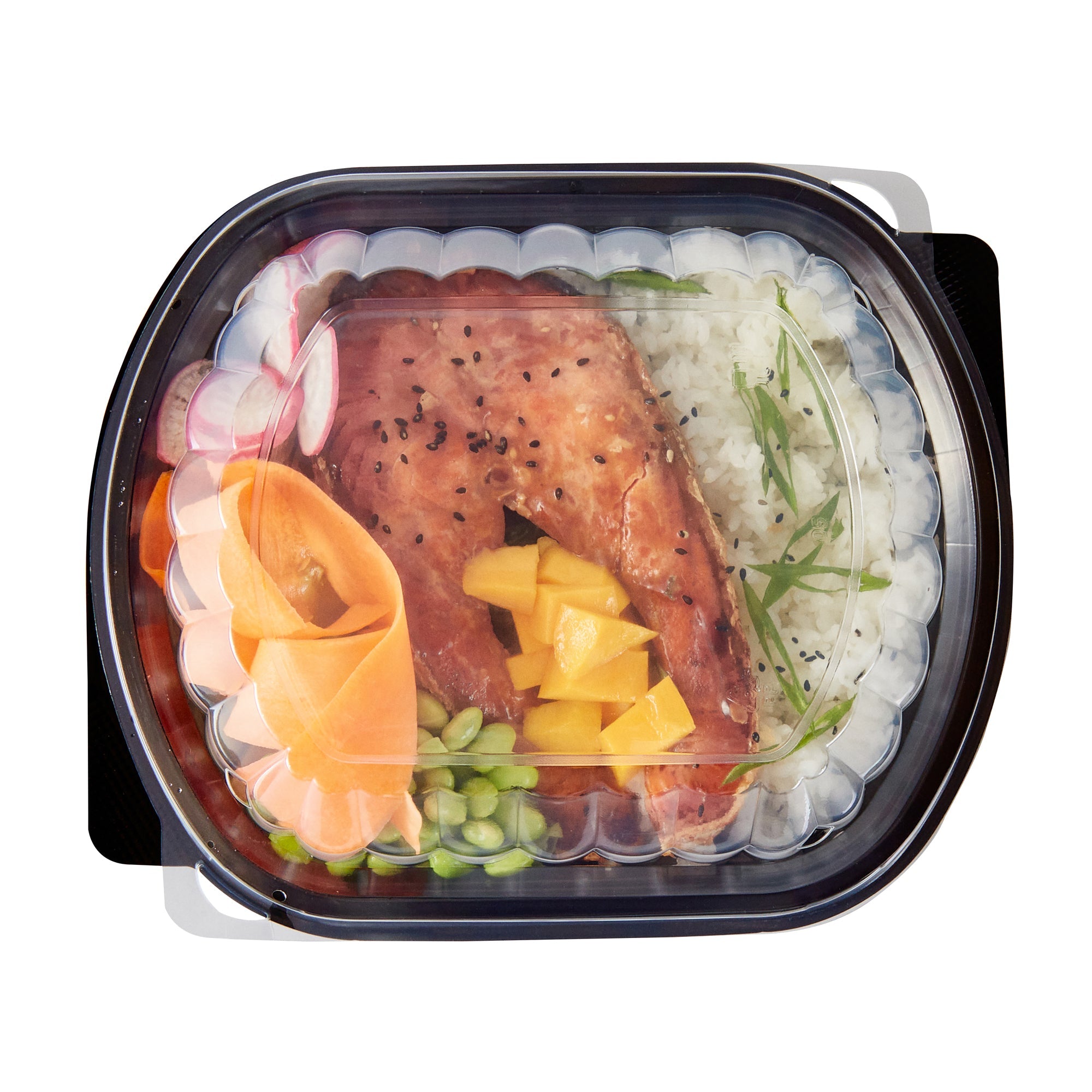Chef 101 34 oz Oval Black Plastic Food Container - with Clear Lid, Microwavable - 9 1/2" x 8" x 2 3/4" - 50 count box
