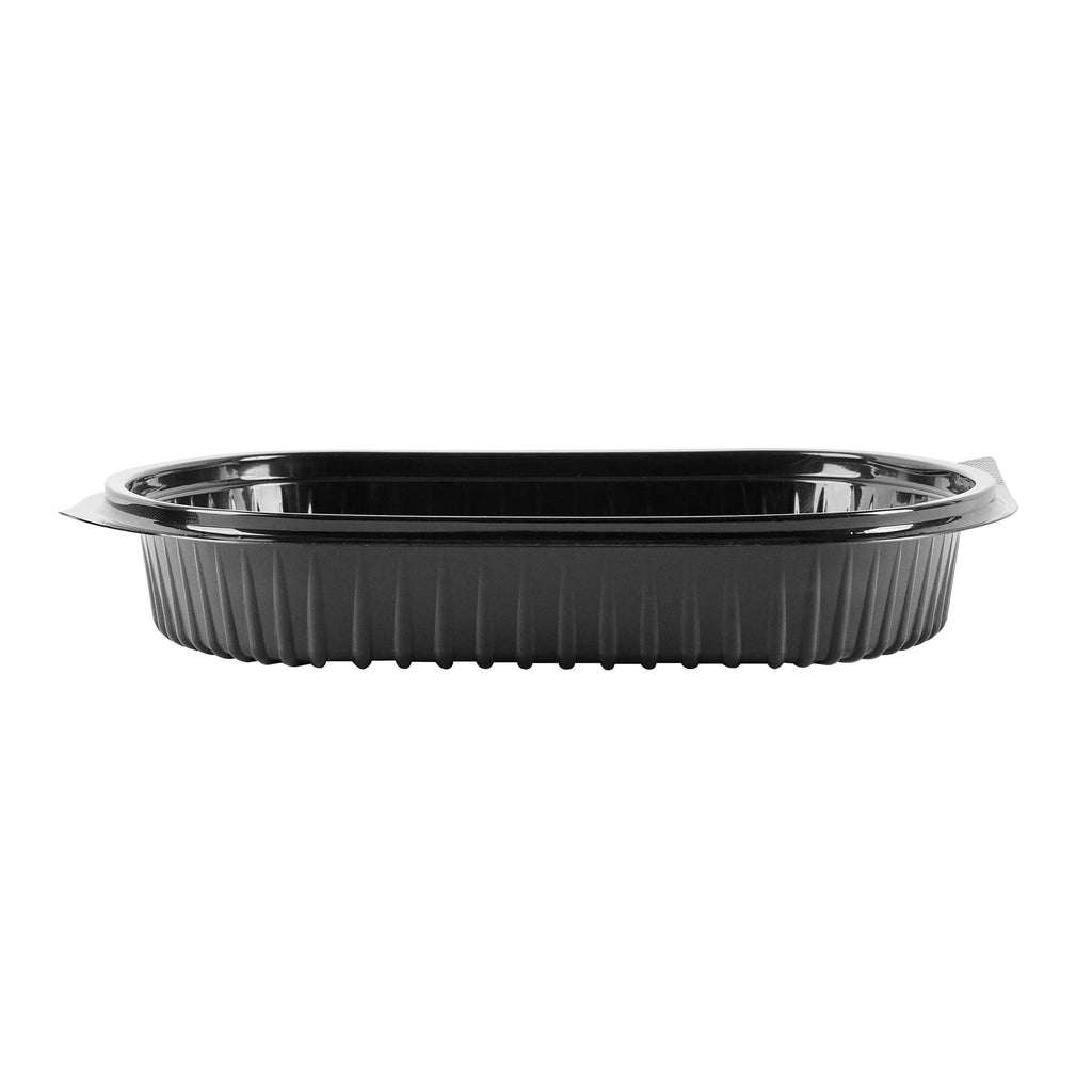 Chef 101 34 oz Oval Black Plastic Food Container - with Clear Lid, Microwavable - 9 1/2" x 8" x 2 3/4" - 50 count box
